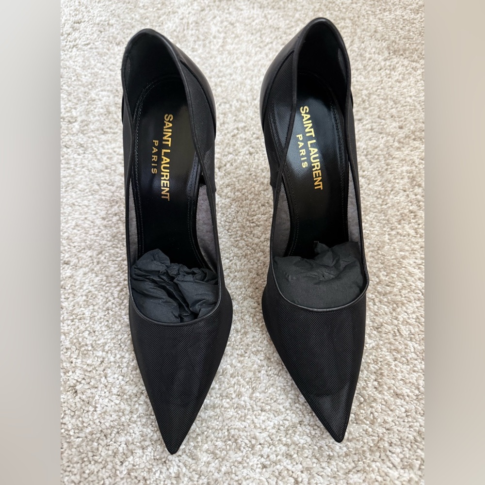 Saint Laurent Black Pointed Satin Pumps with Gold Insole Logo